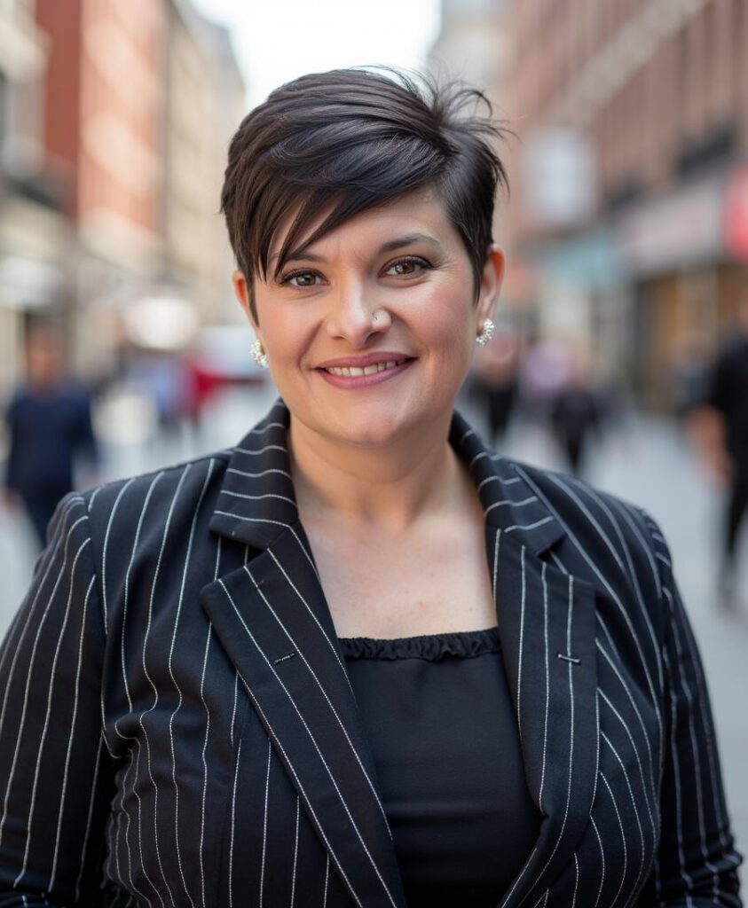 Website 2 White woman with short dark pixie cut wearing a black pin stripe blazer and black shirt