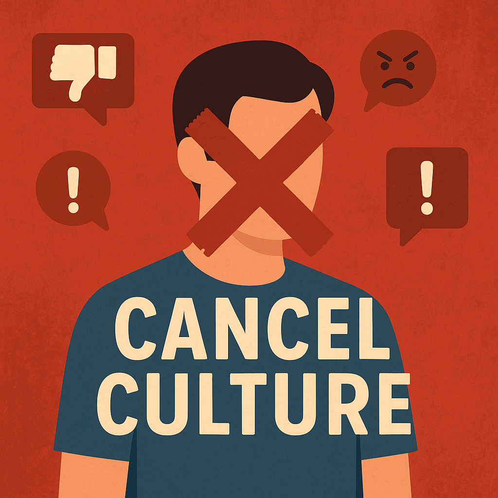 Cartoon of a white male with dark, short hair, and a blue shirt. His face has a red X over it, and his shirt says "Cancel Culture." The background is red with angry social media and emoji graphics around it.